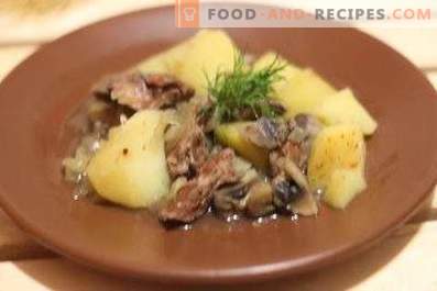 Fígado de frango com batatas e cogumelos em um fogão lento