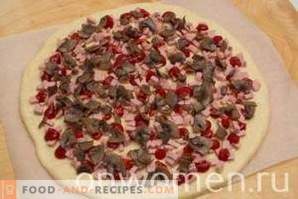 Pizza with sausage, mushrooms, cheese and tomatoes