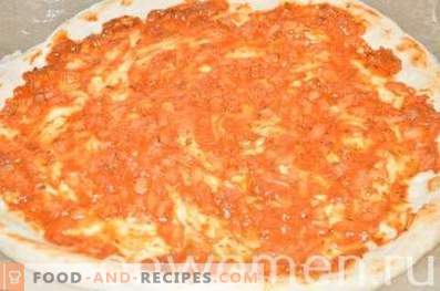 Pizza con salami y mozzarella en masa de levadura
