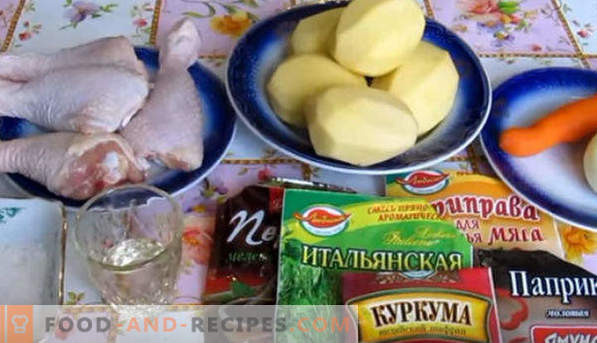 Kycklingben, bakad med potatis i ugnen, under en krispig skorpa, i en ärm, folie, med ost